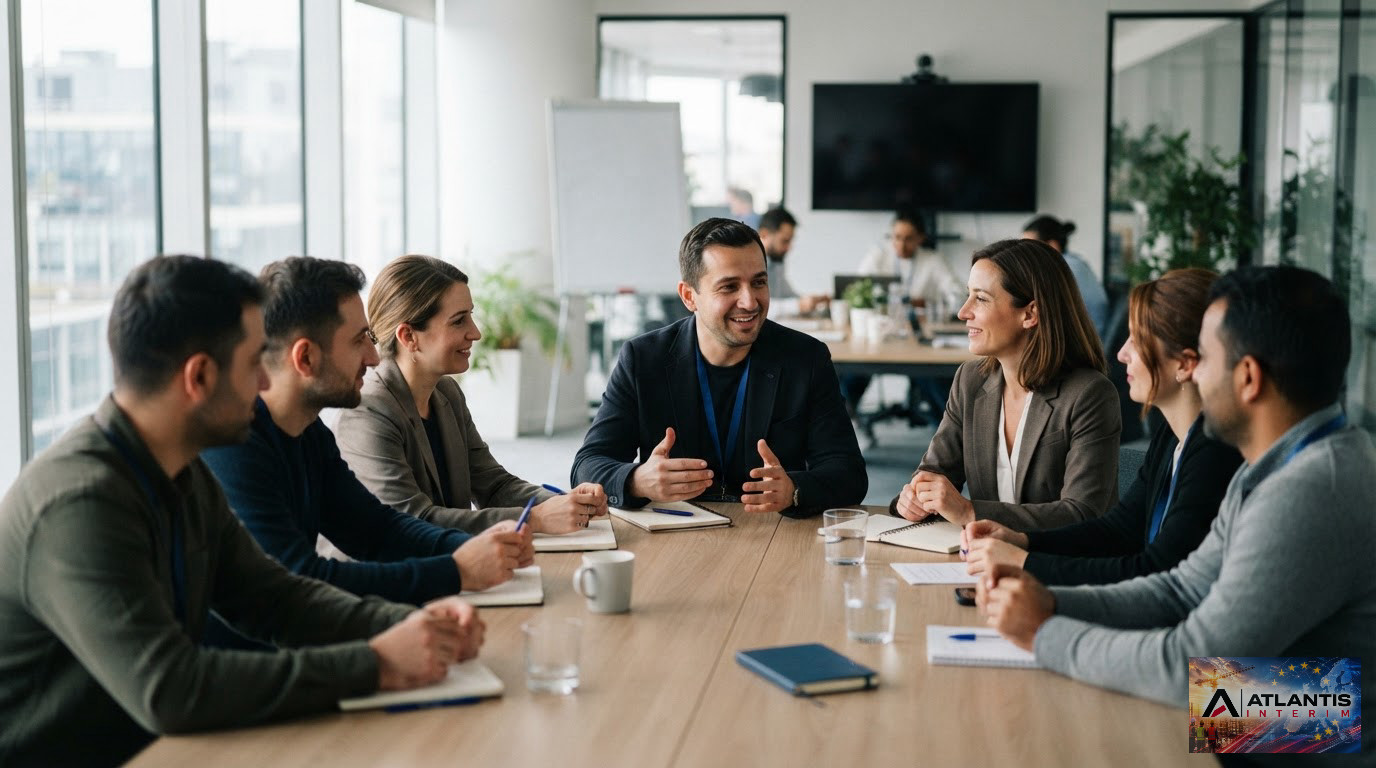 Réunion d'intégration d'une équipe de travailleurs roumains en entreprise.