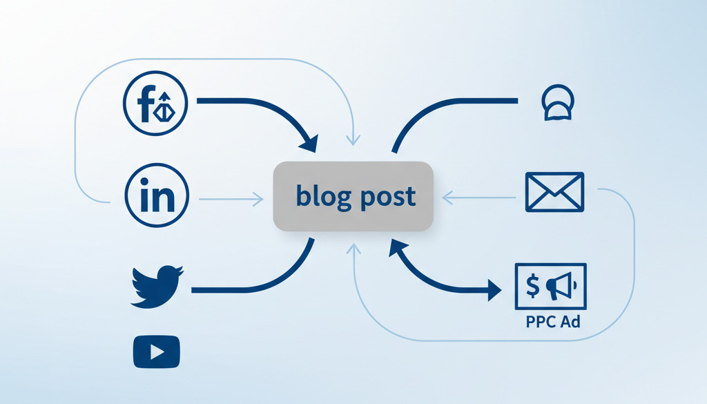 Diagram illustrating blog content promotion across various channels.
