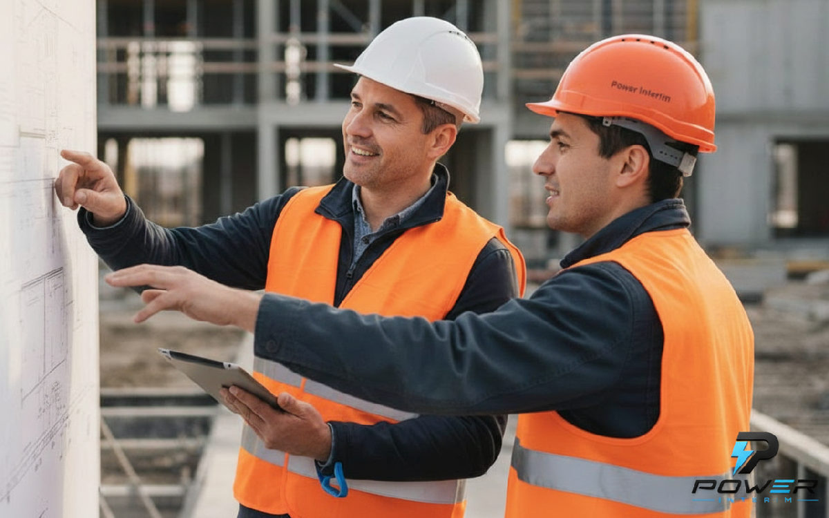 Chef de chantier et intérimaire roumain collaborant sur le terrain.