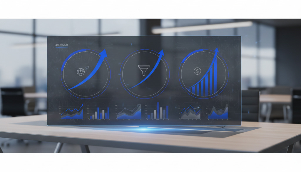 Analytics dashboard showing upward trends in traffic, leads, and conversions.
