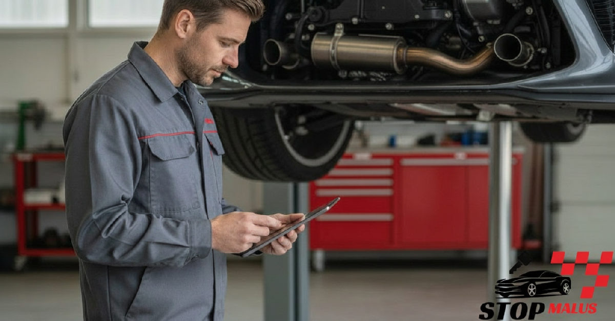 Technicien examinant des documents d'homologation près d'une voiture.