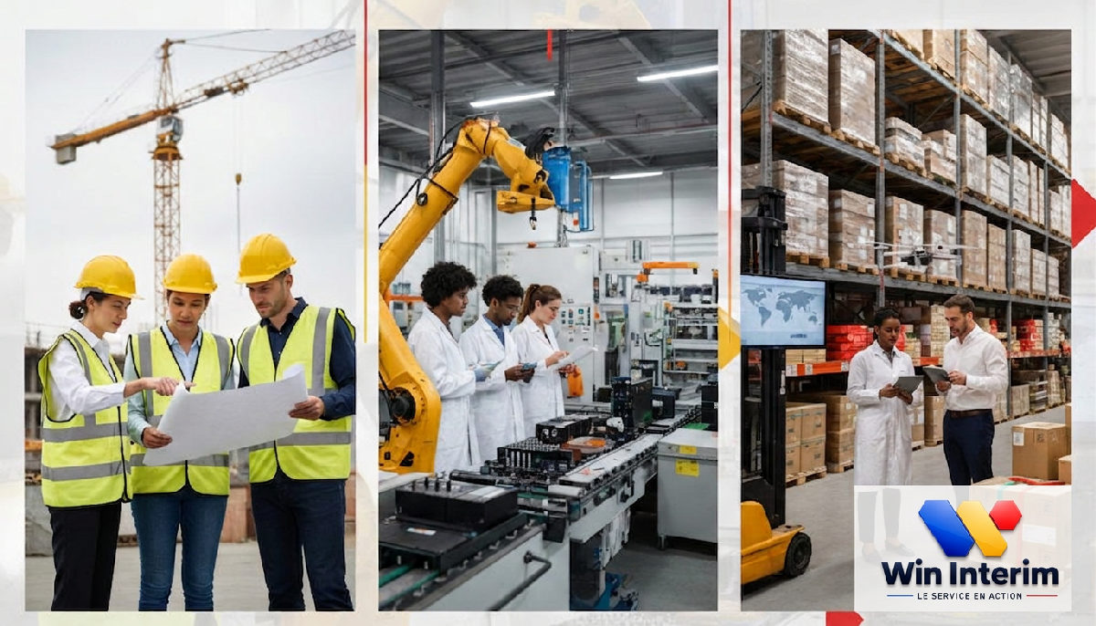 Collage de secteurs: BTP, industrie, logistique, divers profils professionnels.