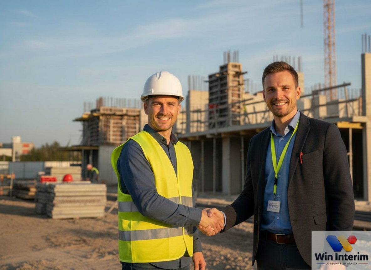 Chef de chantier et consultant main dans la main, succès.