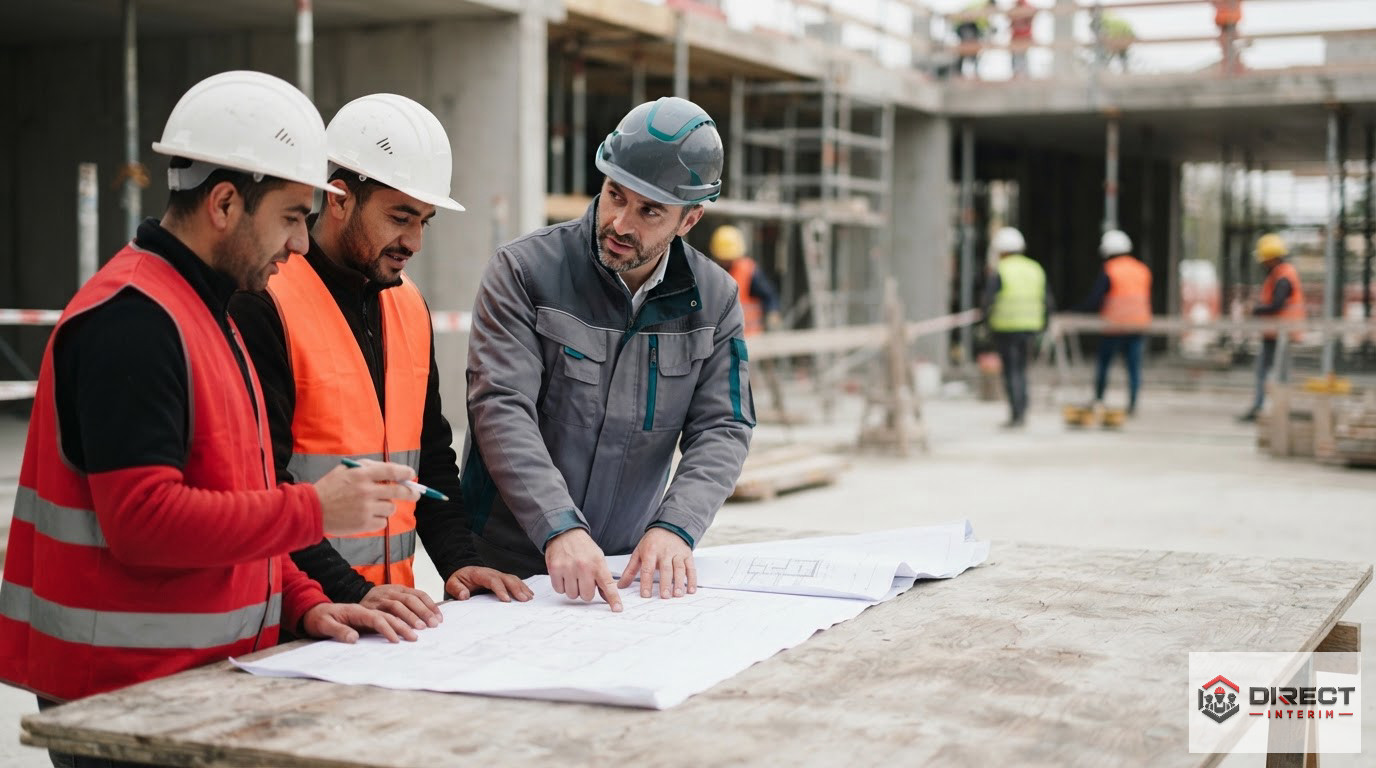 Un chef de chantier et des intérimaires étudiant des plans techniques.
