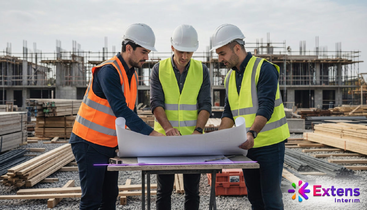 Équipe mixte d'ouvriers du BTP collaborant sur un plan de construction.