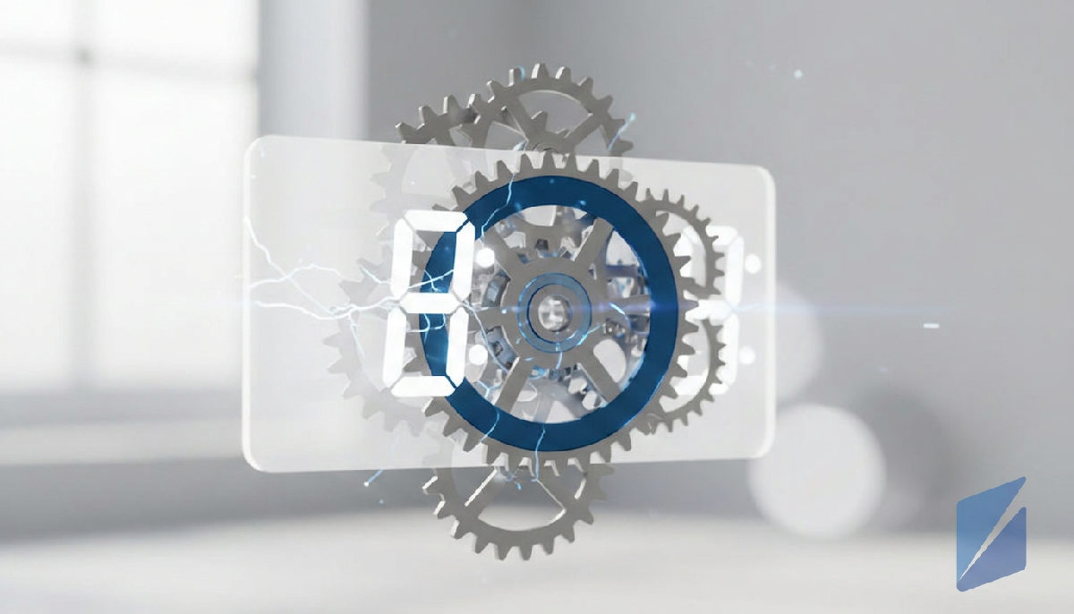 Digital clock transforming into a gear, symbolizing automated efficiency.