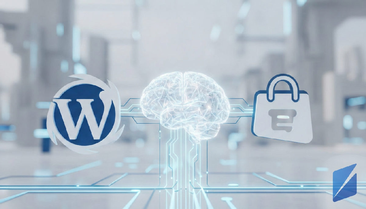 WordPress and Shopify logos connected to an AI brain, showing integration.