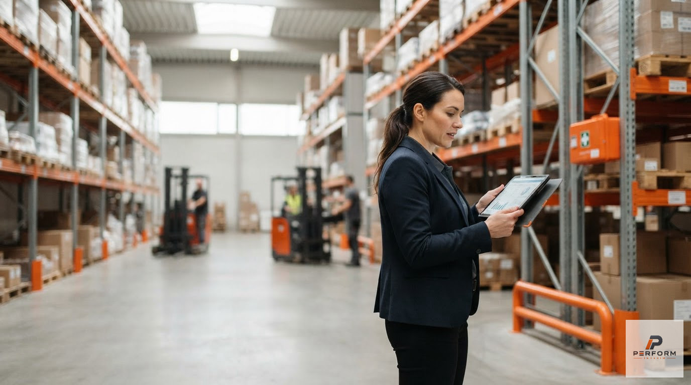 Un employé manipulant un chariot élévateur dans un entrepôt logistique moderne.