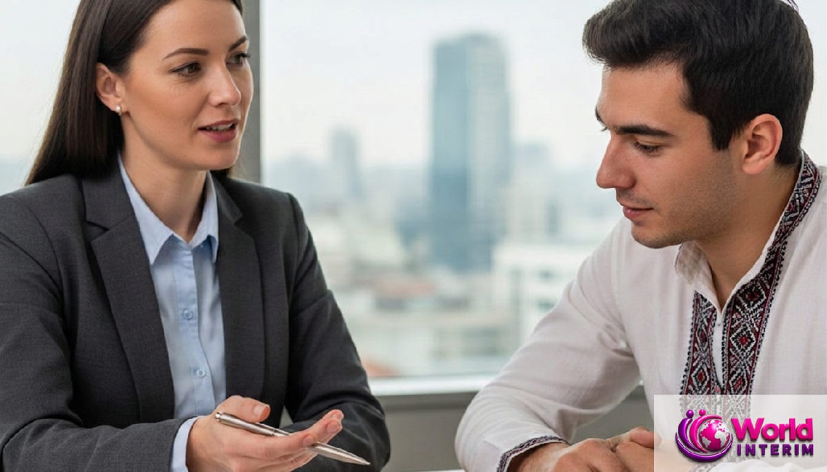 Recruteur discutant d'un contrat avec un travailleur roumain, symbolisant la confiance.