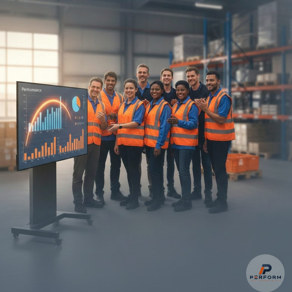 Équipe logistique souriante, permanente et intérimaire, devant un tableau de bord.
