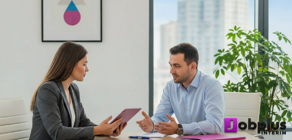 quelle agence recrutement roumanie choisir - Consultant en recrutement interviewant un travailleur roumain dans un bureau moderne.