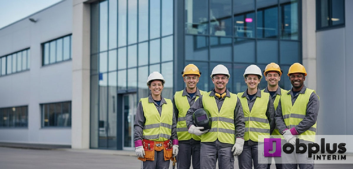 Travailleurs industriels roumains souriants devant une usine française.