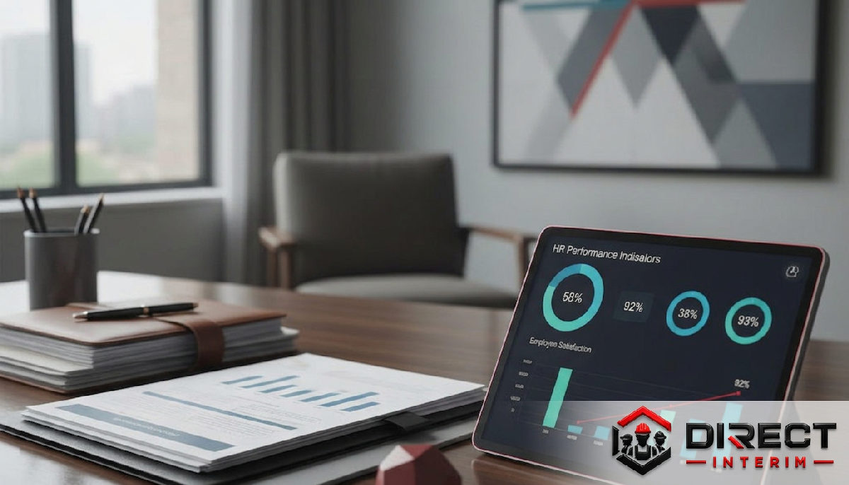 Bureau de direction avec indicateurs de performance RH sur tablette.