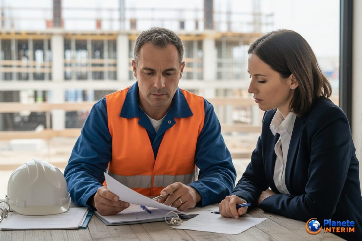 Quels documents demander agence intérim roumanie - Un chef de chantier examine des contrats avec un consultant.