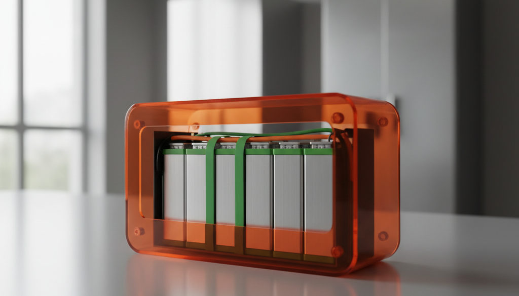 Detail bateriového úložiště pro fotovoltaickou elektrárnu.