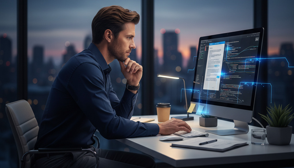 Business owner intently reviewing AI content on a computer screen.