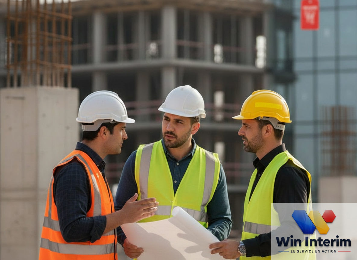 ifm imposable intérimaire roumain - Chantier de construction moderne avec des ouvriers qualifiés discutant.