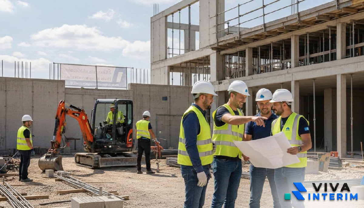 Ouvriers français et roumains travaillant ensemble sur un chantier de construction.