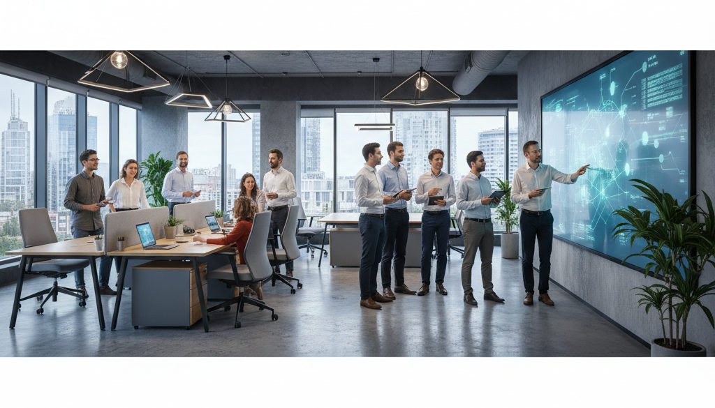 productivité équipes roumaines – Professionnels collaborant dans un bureau moderne à Bucarest.