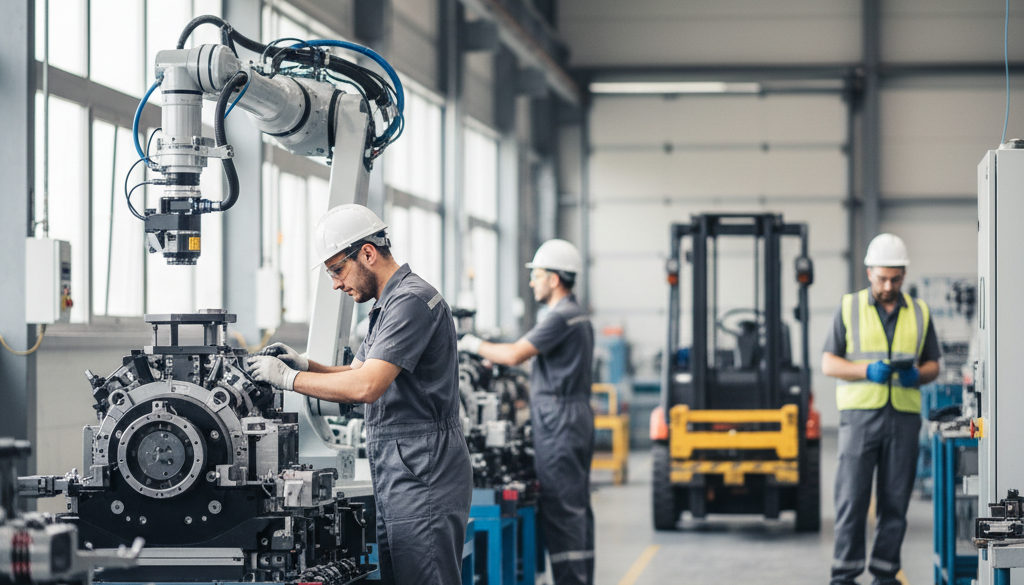 intérim industriel roumains pics activité - Ligne de production moderne avec des travailleurs qualifiés en pleine activité.