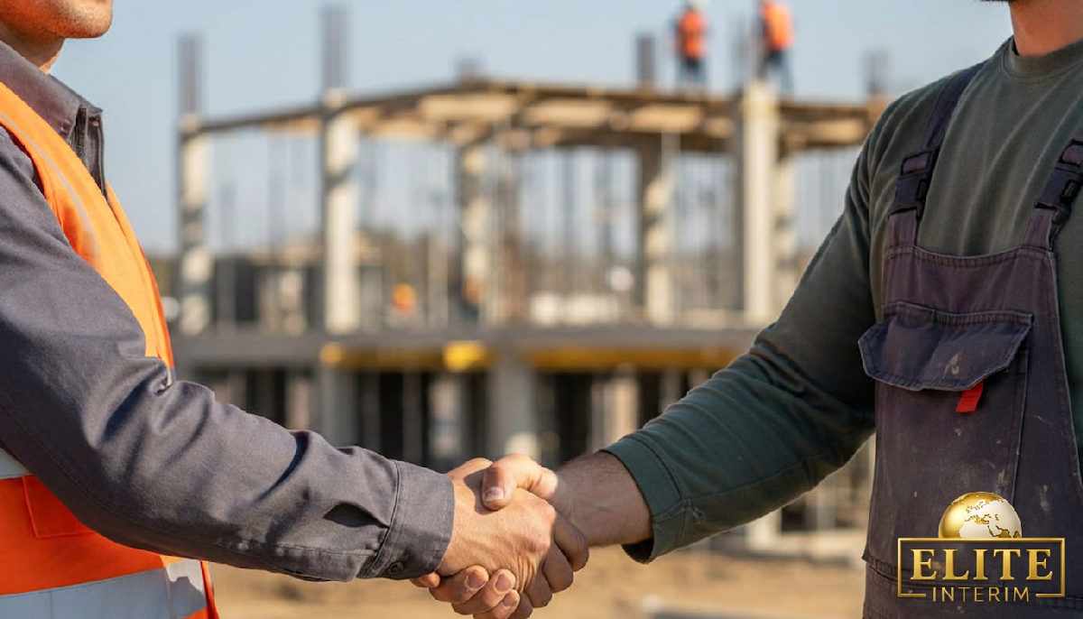 elite interim - Partenariat sur un chantier : responsable français et maçon roumain se serrent la main.