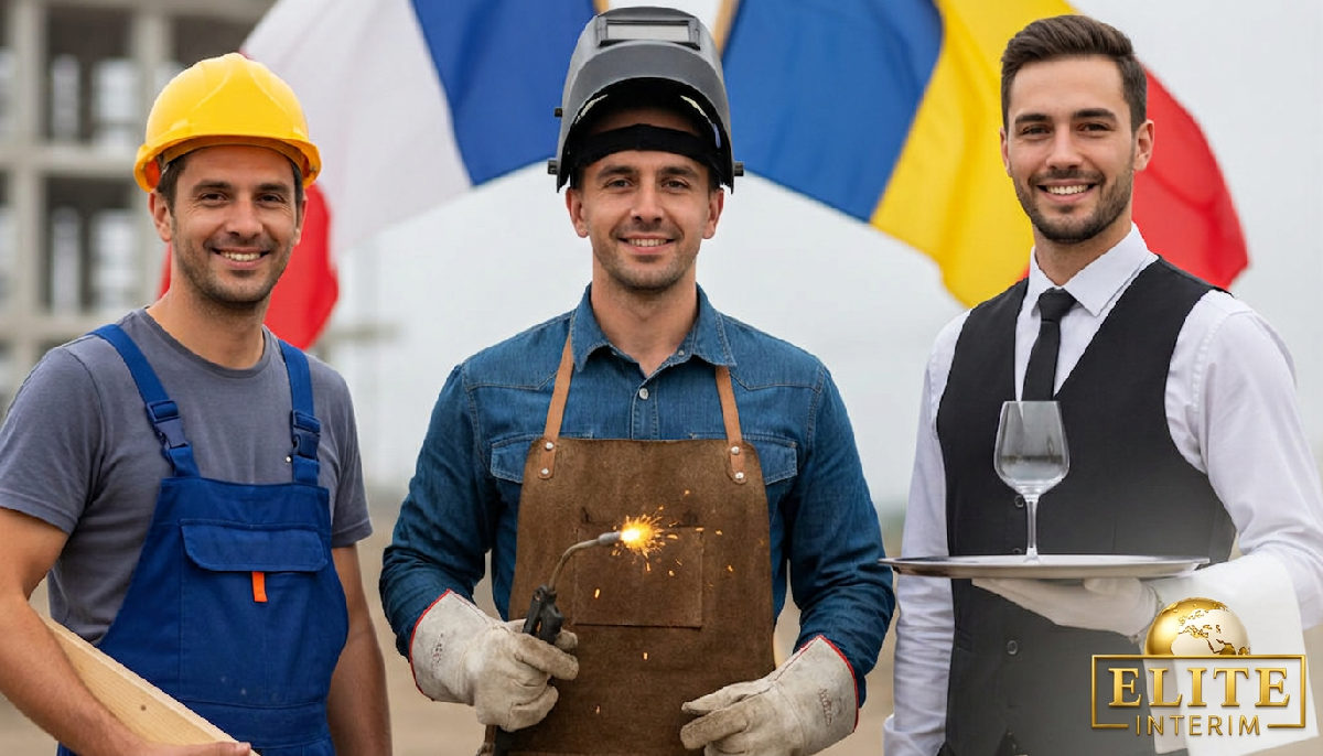Travailleurs roumains qualifiés souriant, drapeau franco-roumain en arrière-plan.