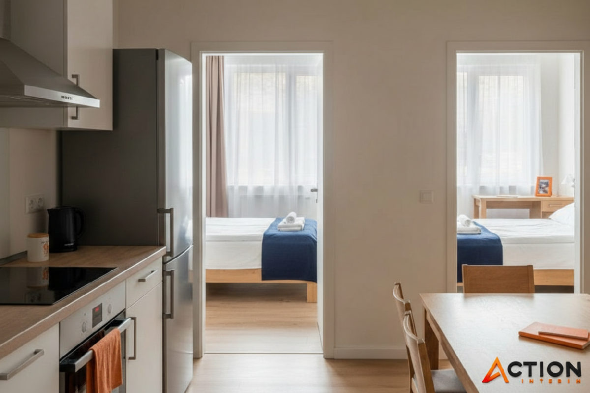 Logement de qualité pour travailleurs détachés, chambres et cuisine équipées.