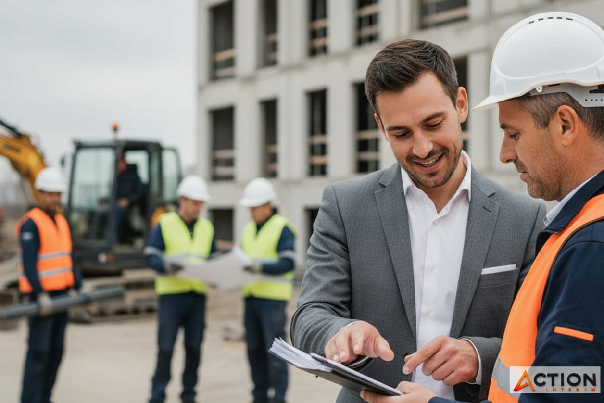 Consultant expliquant la conformité à un chef de chantier, ouvriers en arrière-plan.
