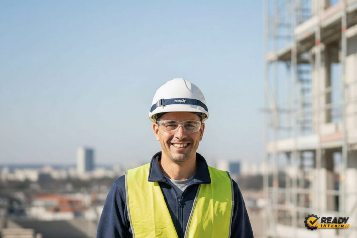 Ouvrier souriant sur un chantier français, casque de sécurité sur la tête.