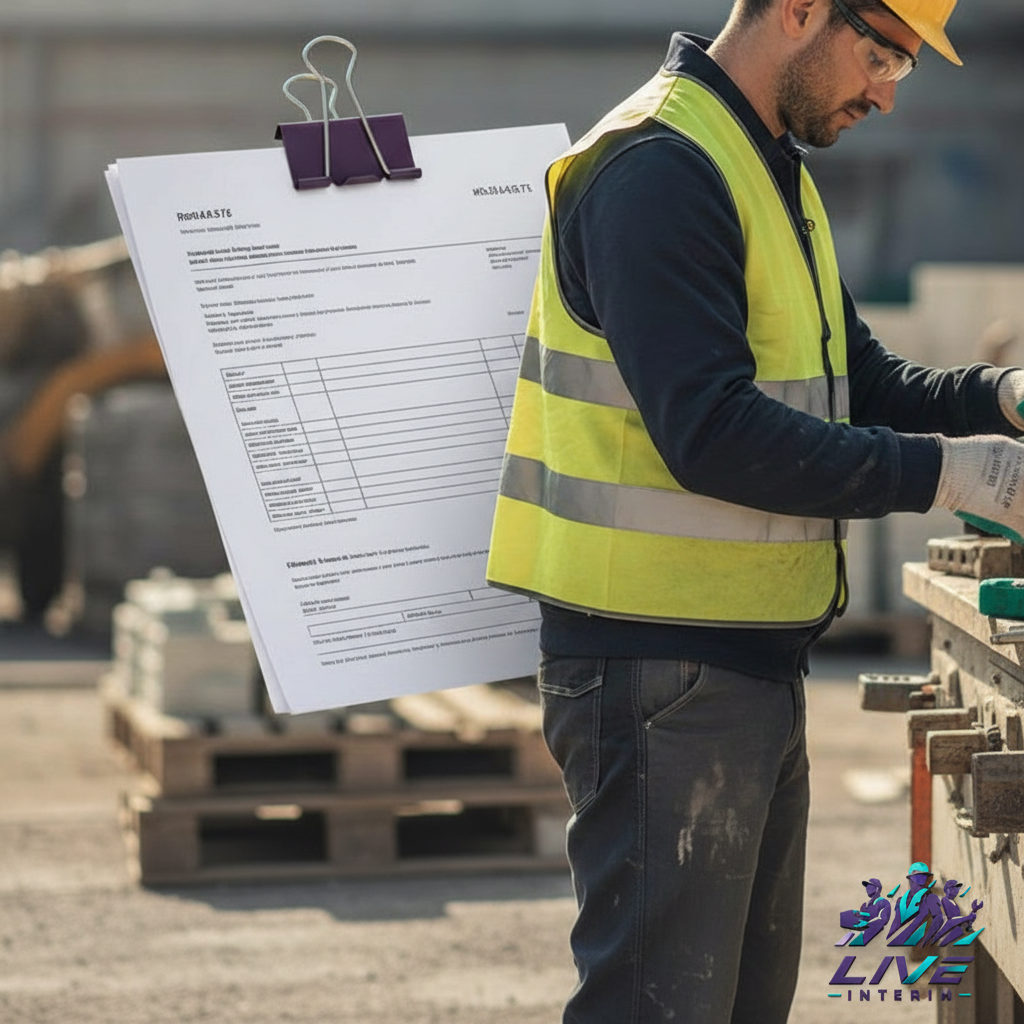 Ouvrier qualifié en chantier avec document administratif.