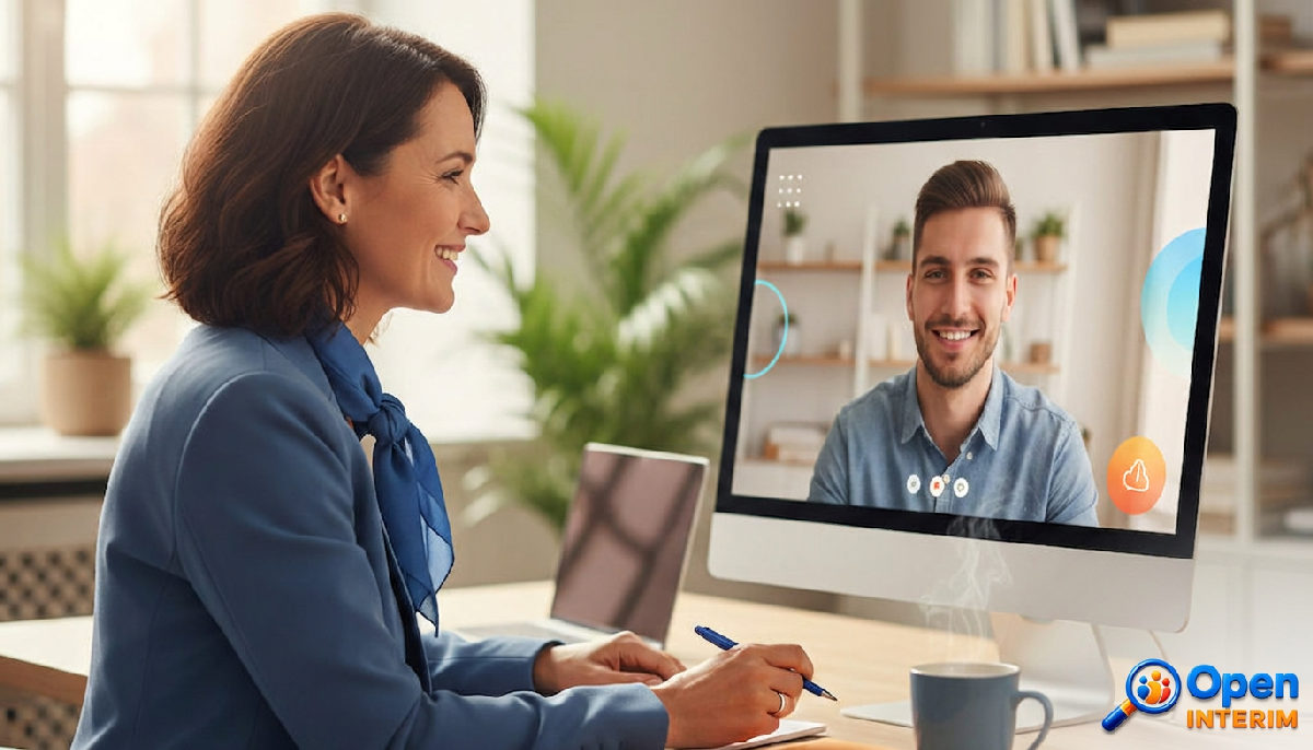 Un responsable RH en appel vidéo avec un candidat roumain.