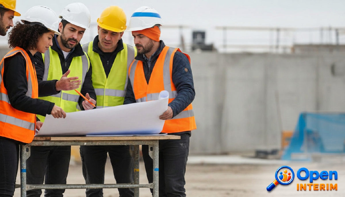 Travailleurs français et roumains collaborant sur un plan de construction.
