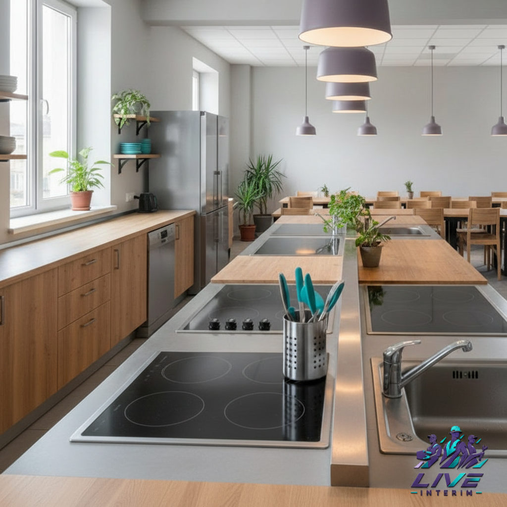Cuisine collective conforme pour ouvriers détachés roumains, propre et équipée.