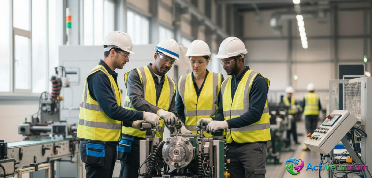 Équipe d'ouvriers qualifiés travaillant dans une usine en France.