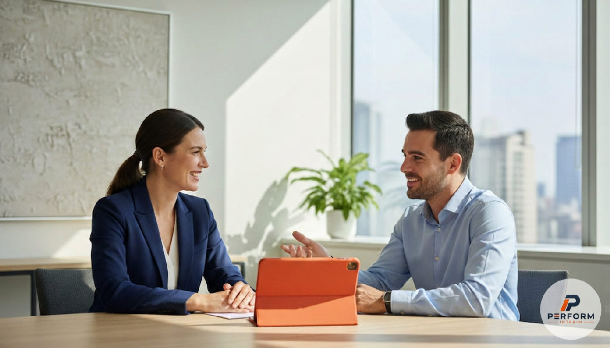Recruteur interrogeant un candidat motivé, illustrant la sélection de travailleurs roumains.