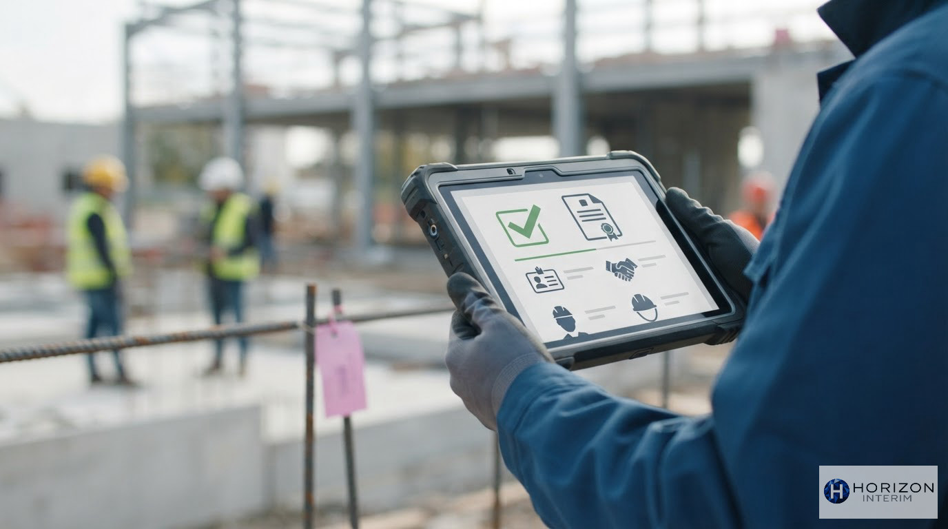 Une tablette numérique affichant une liste de conformité sur un chantier.