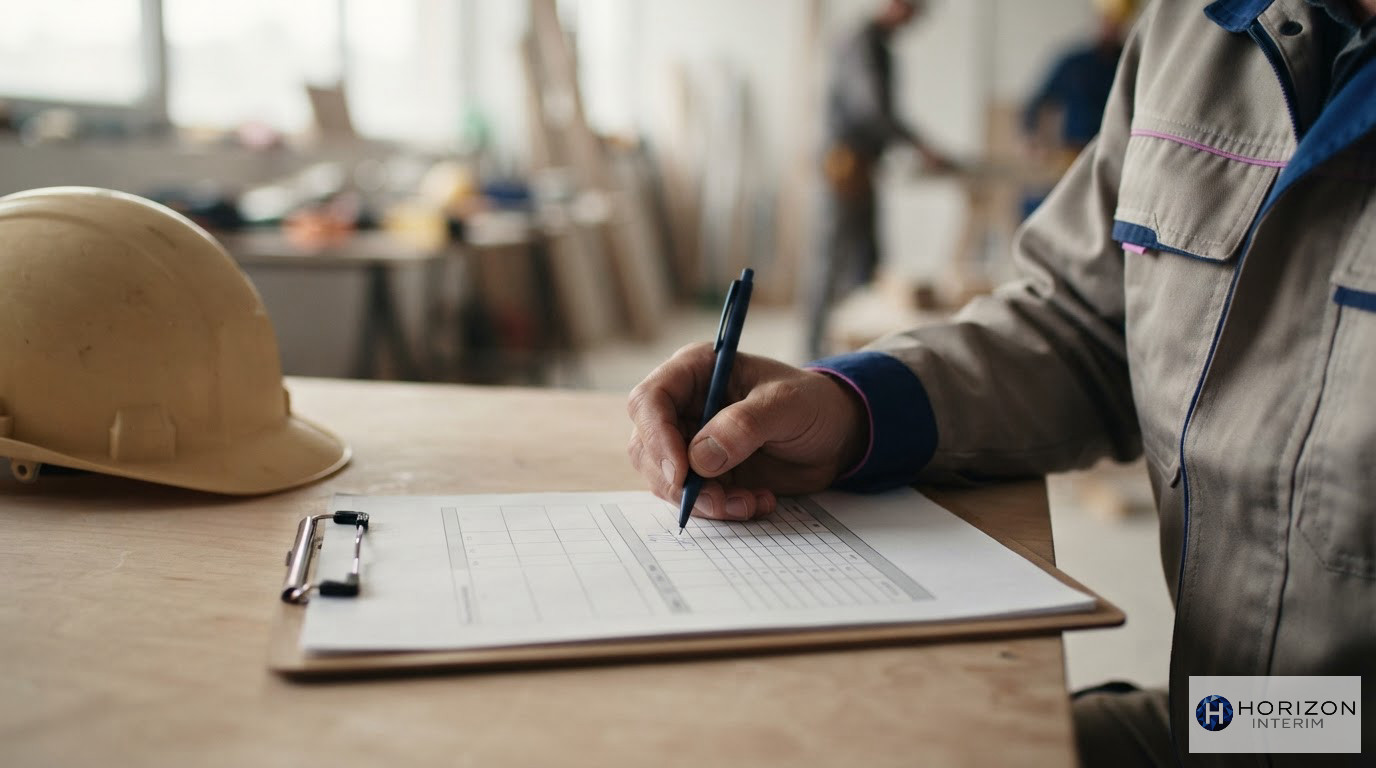 Une main signant une feuille de temps près d'un casque de chantier.