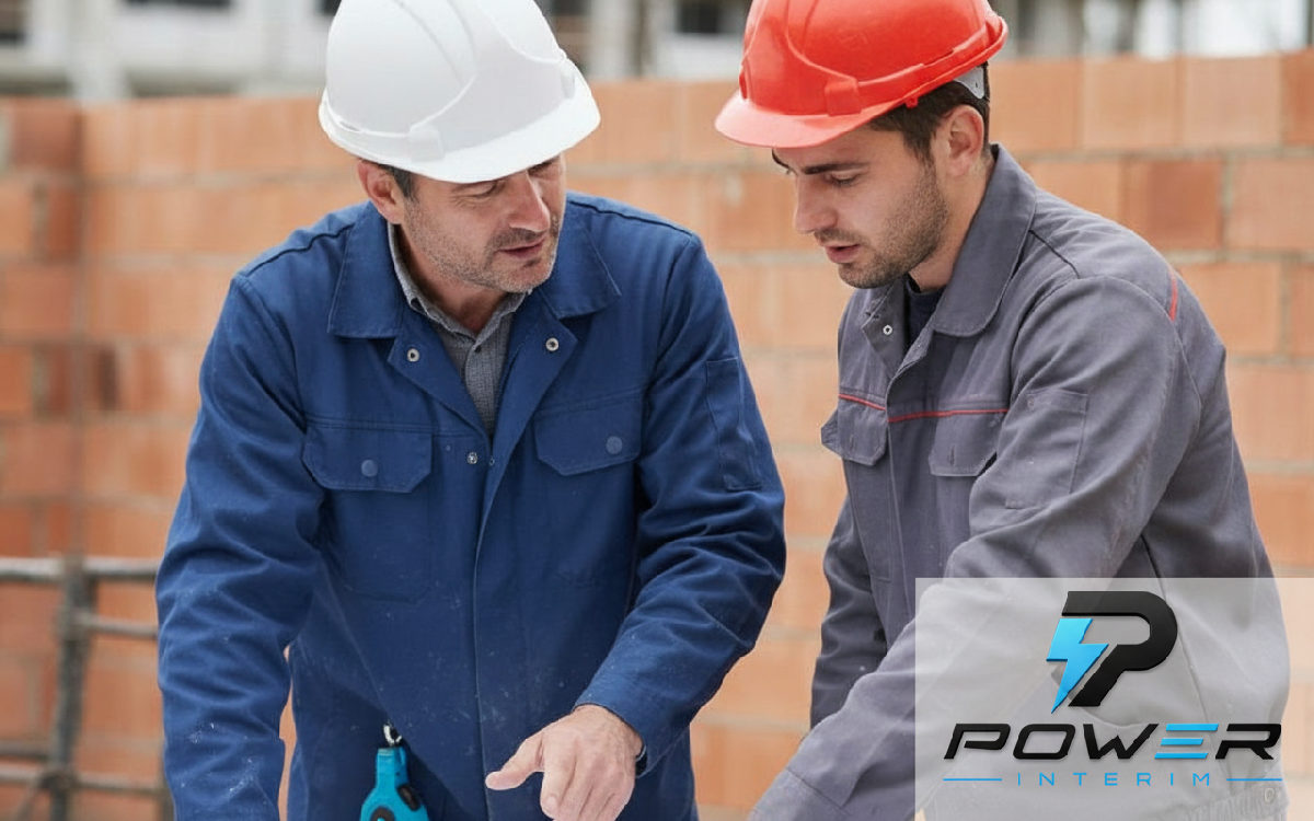 Chef de chantier et maçon discutant des plans techniques.