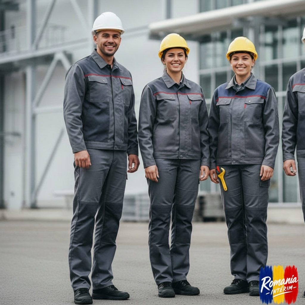 Ouvriers roumains souriants sur un site industriel en France.