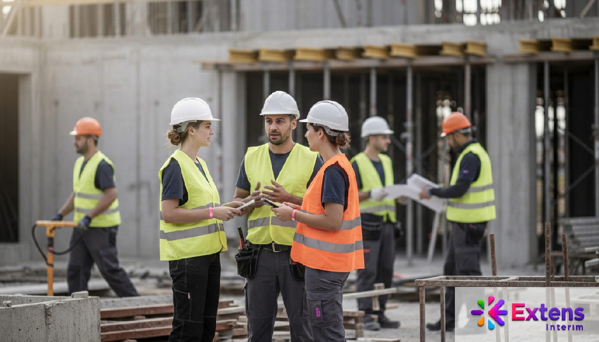 Une équipe d'ouvriers roumains et français travaillant ensemble sur un chantier.