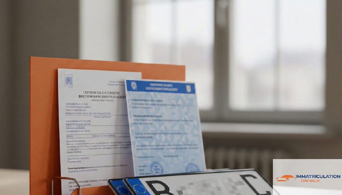 Dossier administratif : certificat, COC et plaques minéralogiques roumaines.