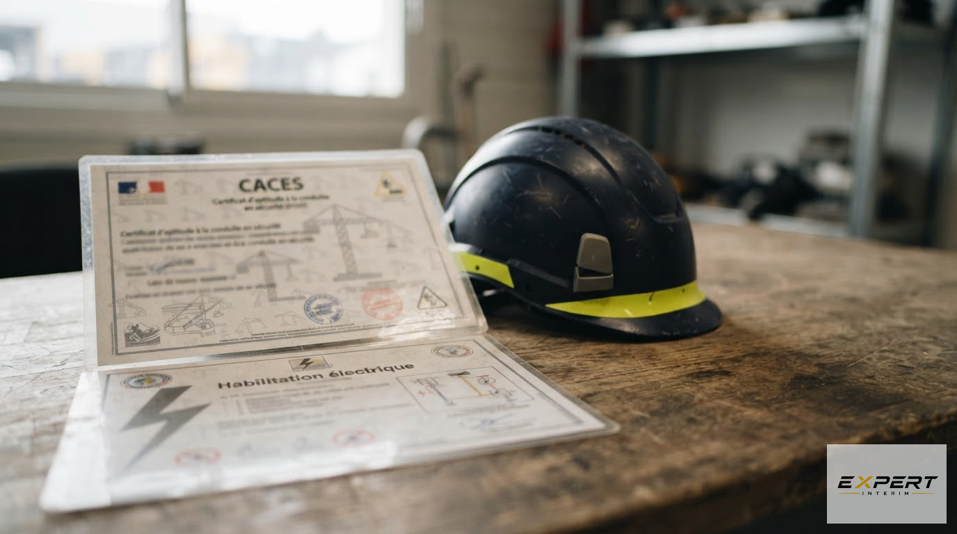 Un certificat CACES et une habilitation électrique posés près d'un casque industriel.