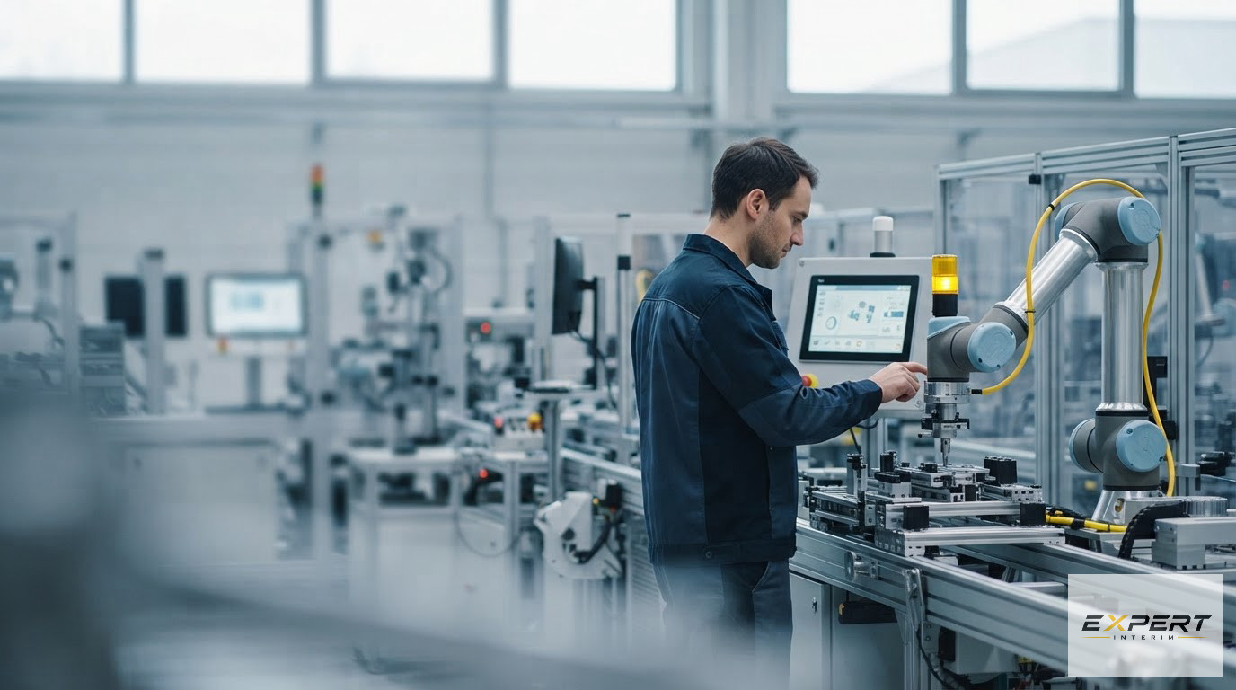 Une ligne de production automatisée moderne symbolisant les besoins de l'industrie 4.0.