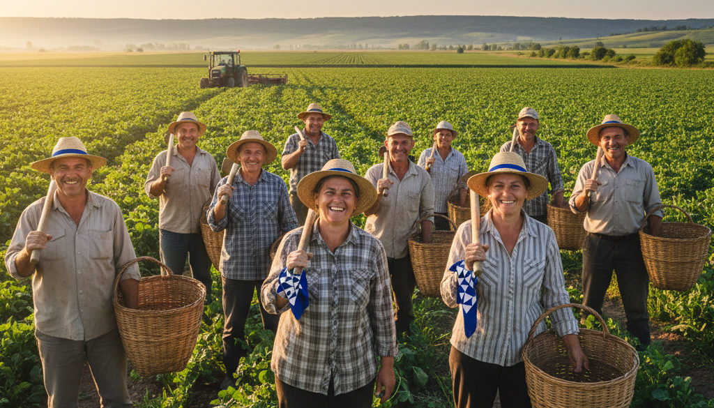 intérim agricole Roumanie – Travailleurs agricoles roumains souriants dans un champ.