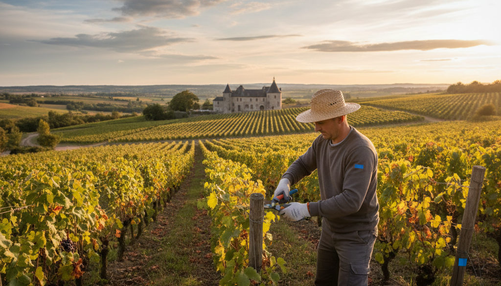 Un ouvrier agricole taille la vigne dans un vignoble.