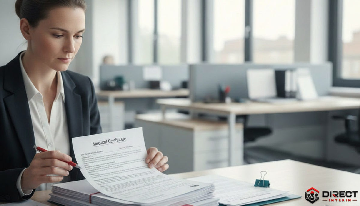 Gestionnaire RH vérifiant des documents médicaux et certificats.