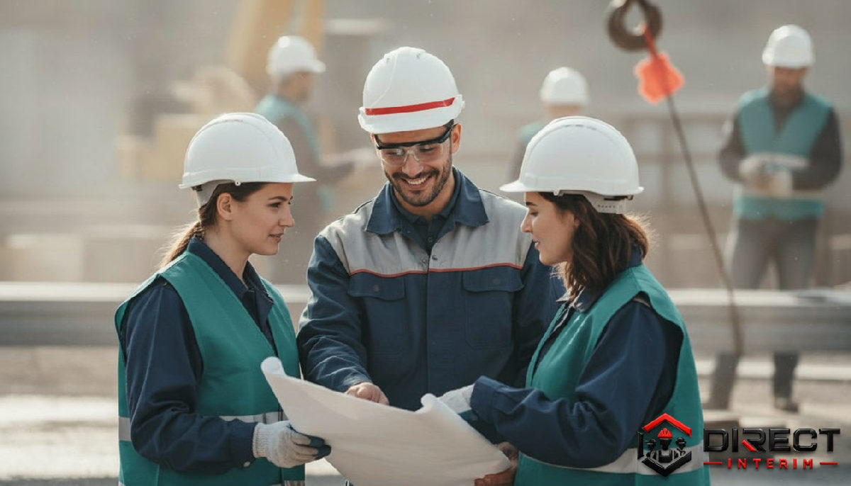 Ouvriers roumains travaillant en sécurité sur un chantier.