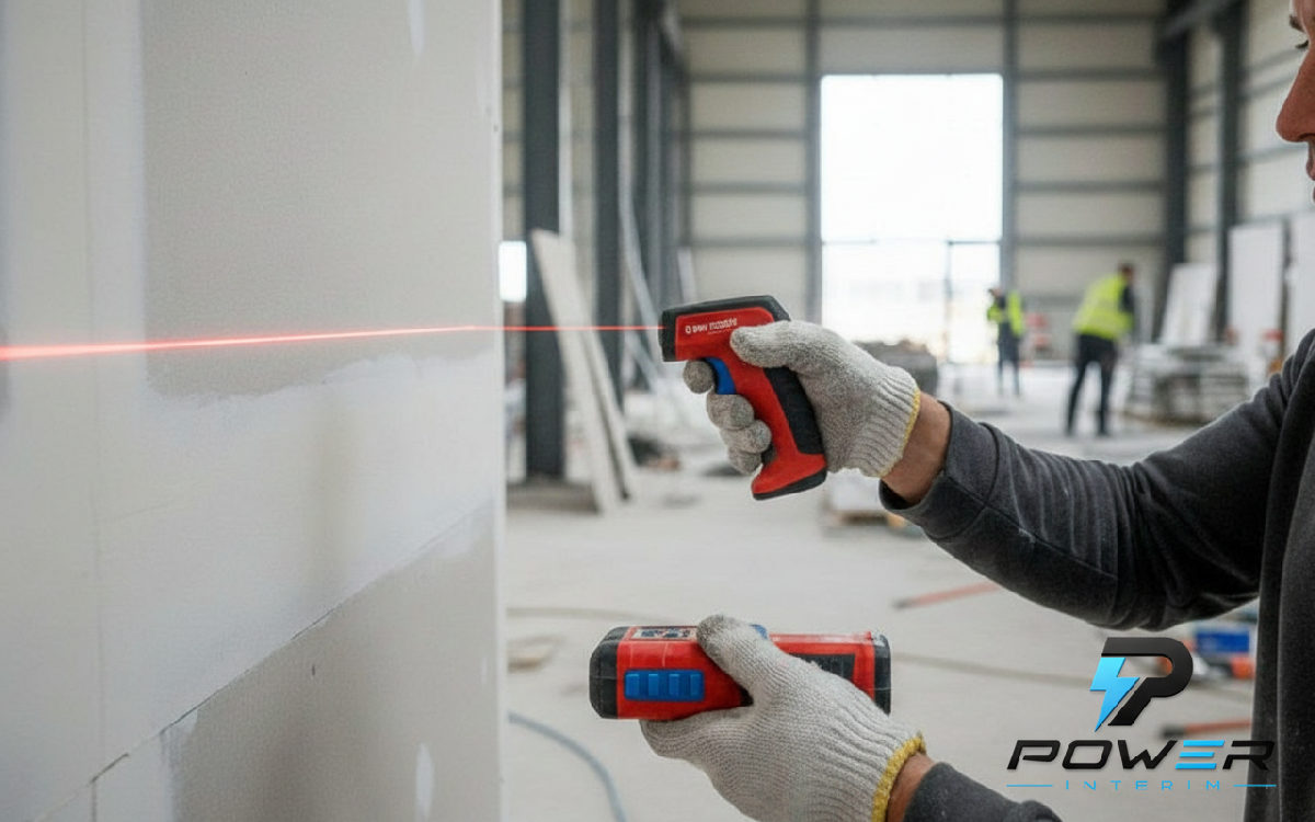 Outil laser vérifiant l'alignement d'une cloison sèche.