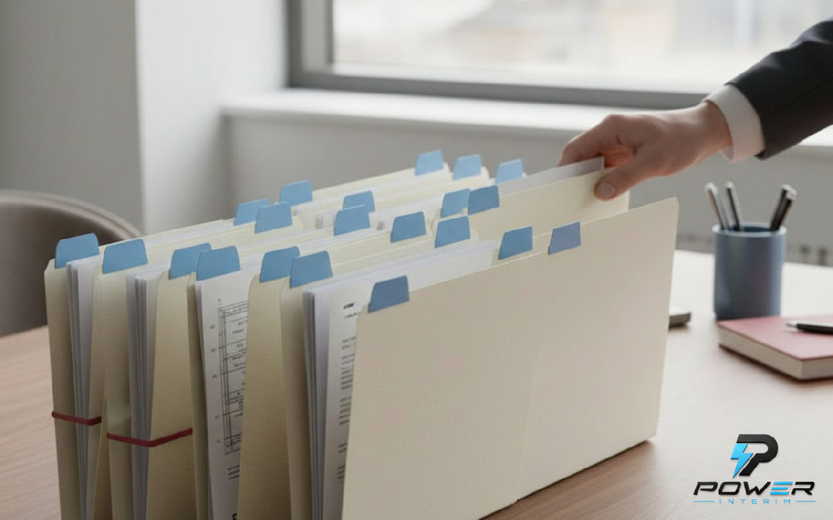 Dossiers de candidats roumains dans un bureau de recrutement.