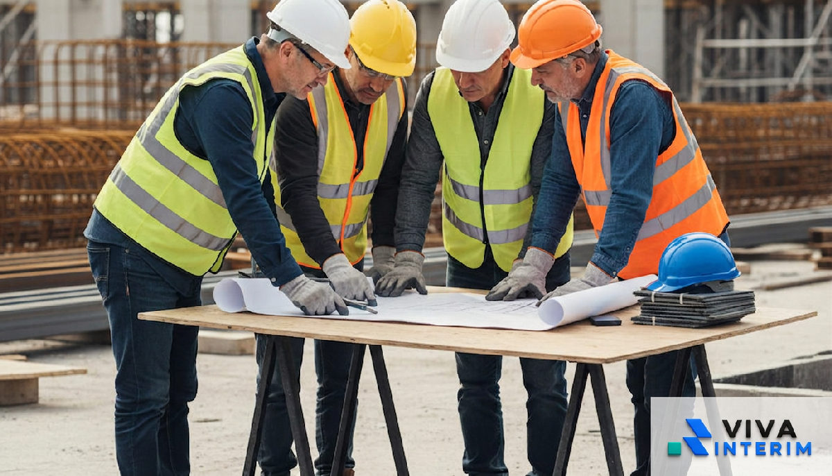 Ferrailleurs en tenue de sécurité examinant des plans sur un chantier.